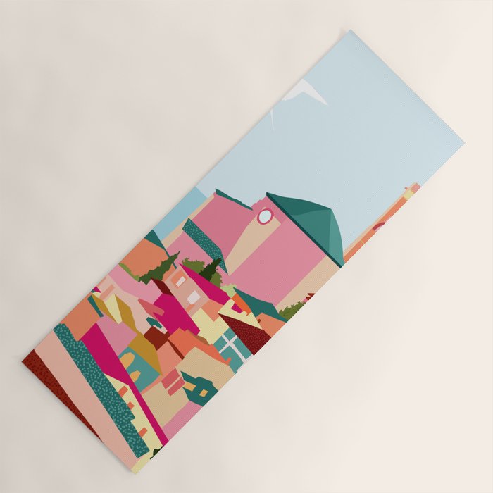Crimson Rouge, Colorful Architecture Buildings, Greece Cityscape Skyline, Seagull Travel Summer Eclectic Bohemian Pop of Color Positivity Yoga Mat Gallery Image 1