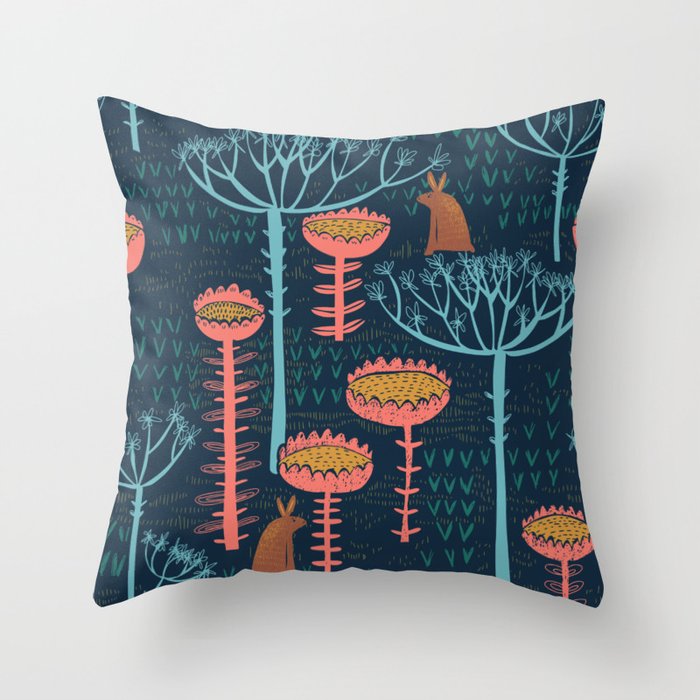 Block print scandinavian blue meadow Throw Pillow Gallery Image 1