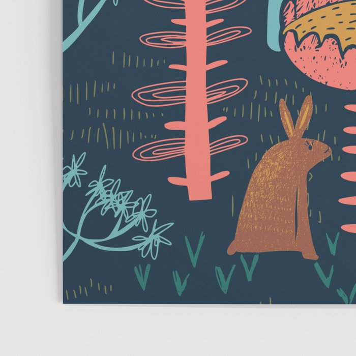 Block print scandinavian blue meadow Poster Gallery Image 3