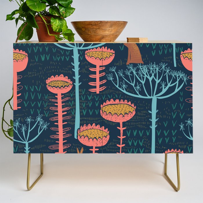 Block print scandinavian blue meadow Credenza Gallery Image 1