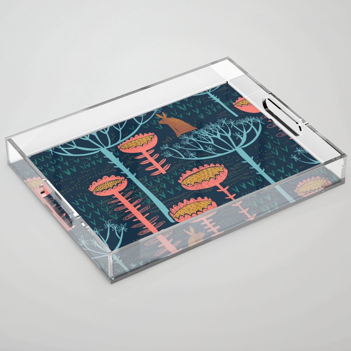 Block print scandinavian blue meadow Acrylic Tray Gallery Image 1