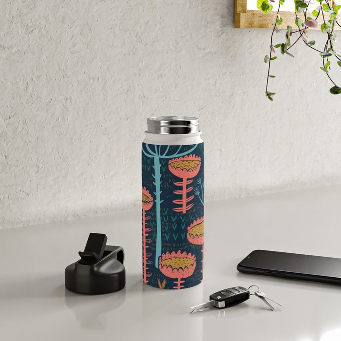 Block print scandinavian blue meadow Water Bottle Gallery Image 4