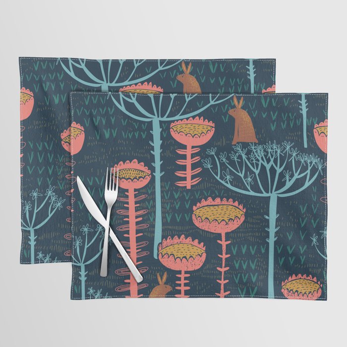Block print scandinavian blue meadow Placemat Gallery Image 1