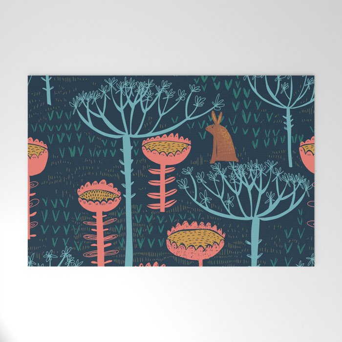 Block print scandinavian blue meadow Welcome Mat Gallery Image 1