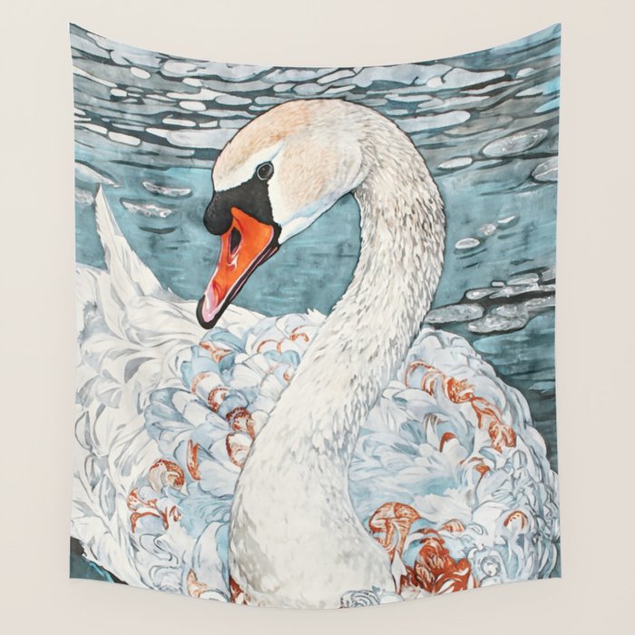 Swan Swimming Watercolor Wall Tapestry Gallery Image 4