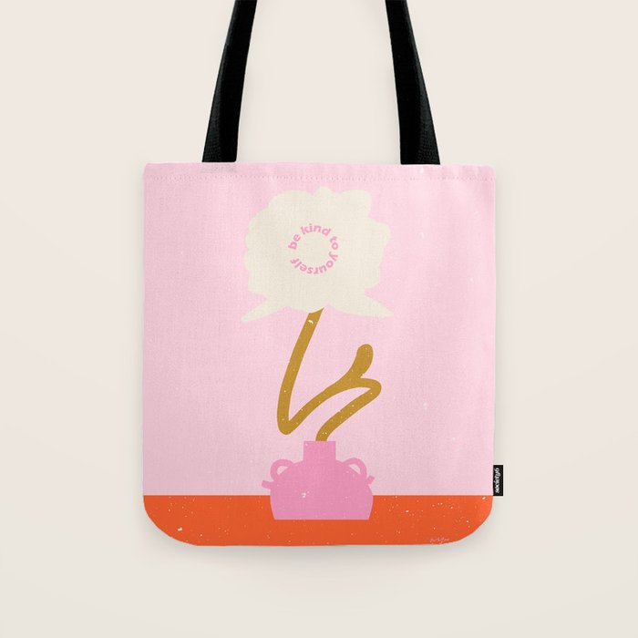 Modern abstract flower and vase. Be kind to yourself quote Tote Bag Gallery Image 1
