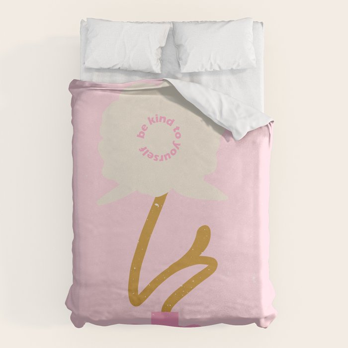 Modern abstract flower and vase. Be kind to yourself quote Duvet Cover Gallery Image 1