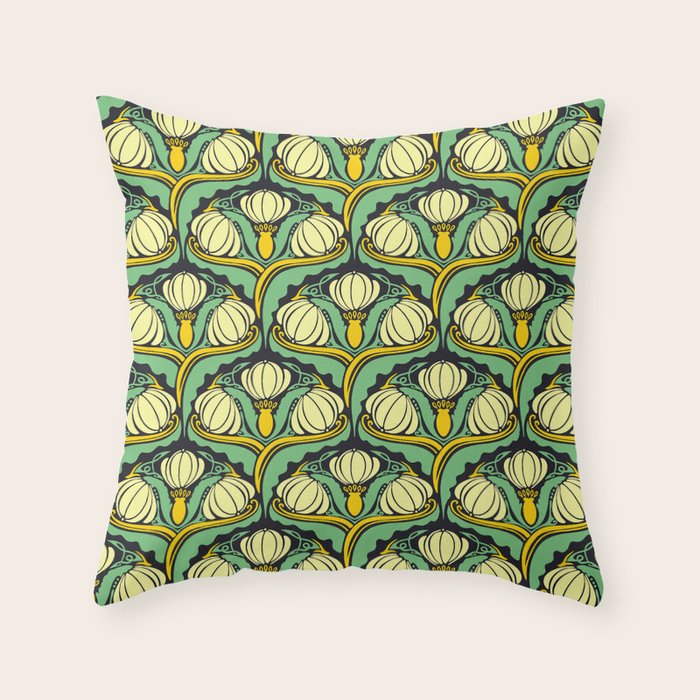 Art Nouveau Pattern 2 Cream Yellow Ochre Sage Green On Dark Blue Throw Pillow Gallery Image 6