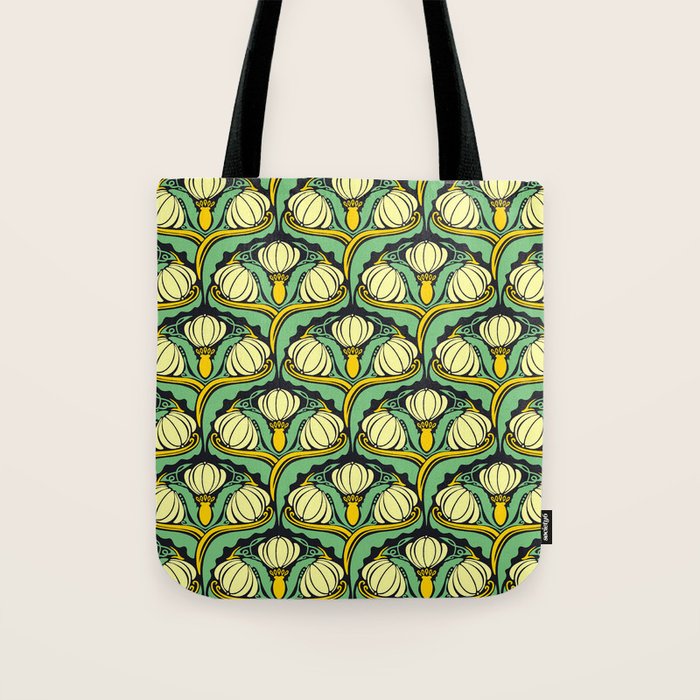 Art Nouveau Pattern 2 Cream Yellow Ochre Sage Green On Dark Blue Tote Bag Gallery Image 1