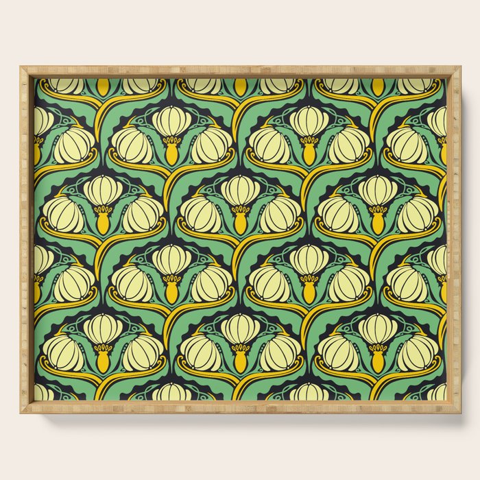 Art Nouveau Pattern 2 Cream Yellow Ochre Sage Green On Dark Blue Serving Tray Gallery Image 1