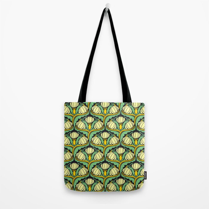 Art Nouveau Pattern 2 Cream Yellow Ochre Sage Green On Dark Blue Tote Bag Gallery Image 2