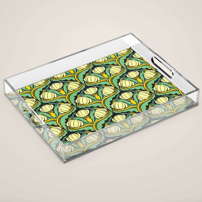 Art Nouveau Pattern 2 Cream Yellow Ochre Sage Green On Dark Blue Acrylic Tray Gallery Image 1
