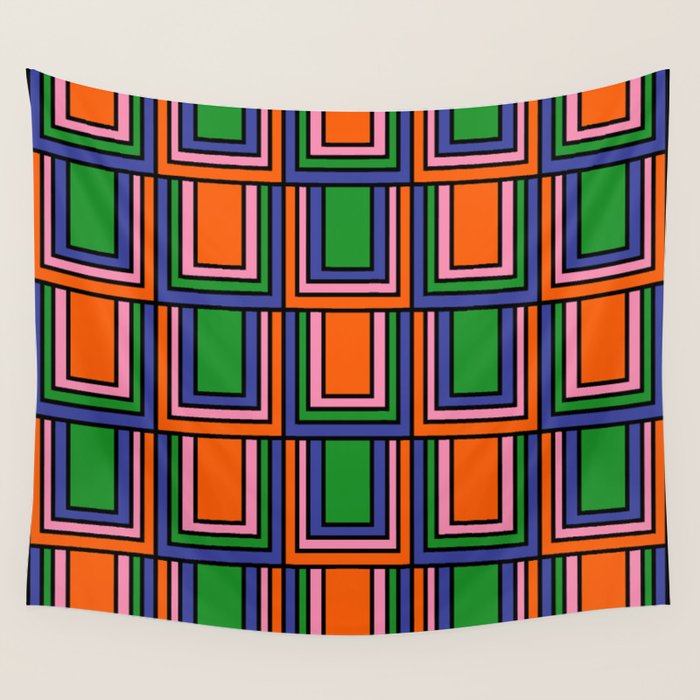 Colorful Retro Geometric Mod Portes Pattern Orange Pink Green Blue Wall Tapestry Gallery Image 4