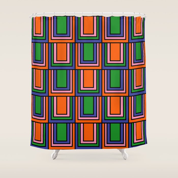 Colorful Retro Geometric Mod Portes Pattern Orange Pink Green Blue Shower Curtain Gallery Image 1