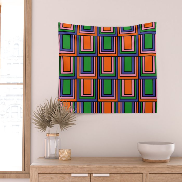 Colorful Retro Geometric Mod Portes Pattern Orange Pink Green Blue Wall Tapestry Gallery Image 2