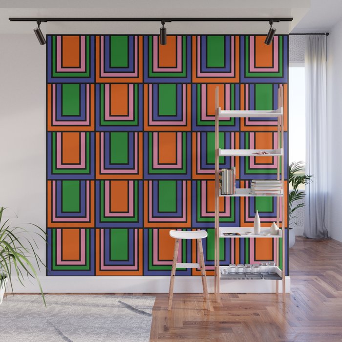 Colorful Retro Geometric Mod Portes Pattern Orange Pink Green Blue Wall Mural Gallery Image 1