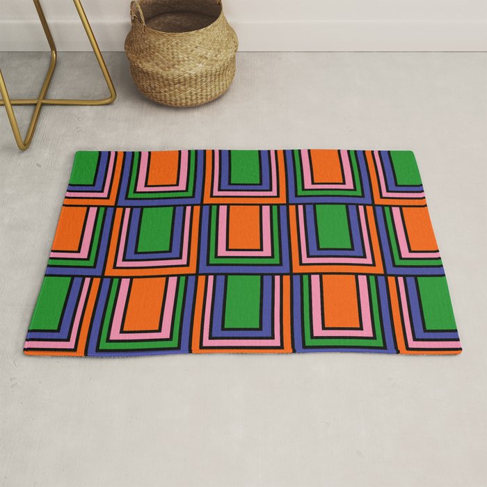Colorful Retro Geometric Mod Portes Pattern Orange Pink Green Blue Rug Gallery Image 1