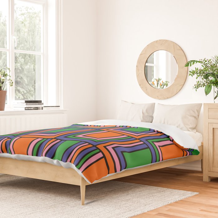 Colorful Retro Geometric Mod Portes Pattern Orange Pink Green Blue Duvet Cover Gallery Image 2