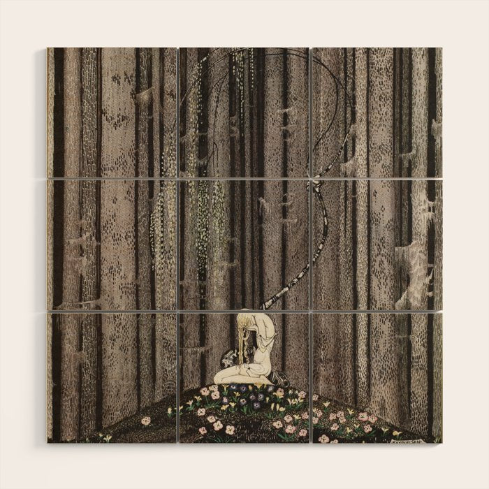 kay nielsen And then she lay on a little green patch in the midst of the gloomy thick wood Wood Wall Art Gallery Image 1