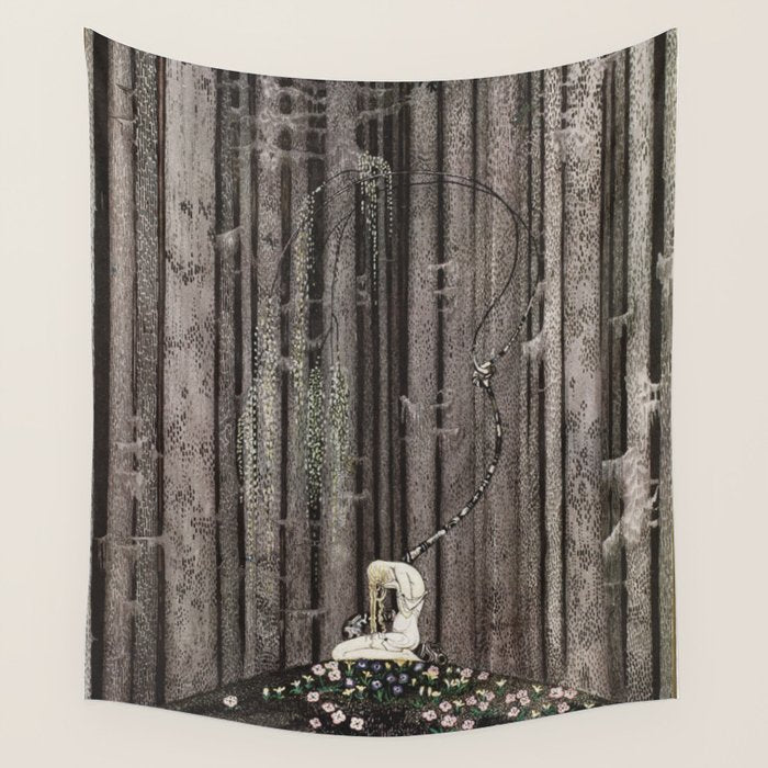kay nielsen And then she lay on a little green patch in the midst of the gloomy thick wood Wall Tapestry Gallery Image 4