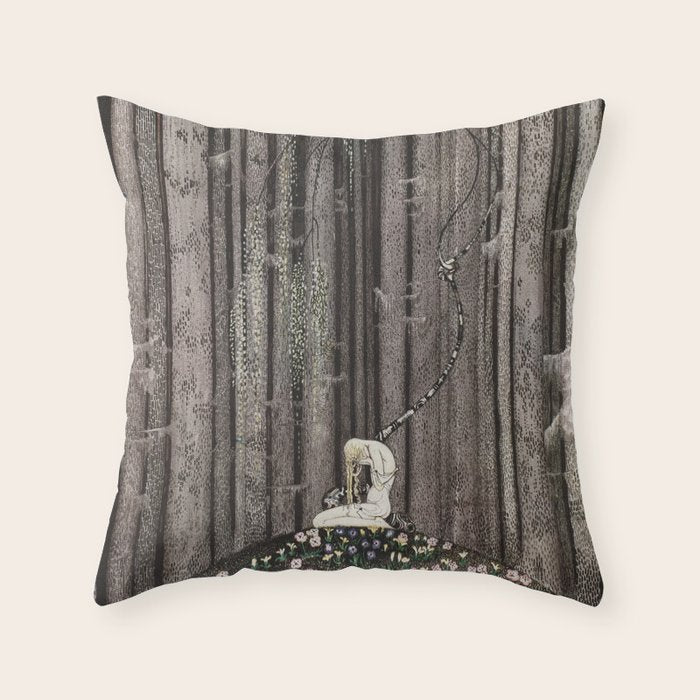 kay nielsen And then she lay on a little green patch in the midst of the gloomy thick wood Throw Pillow Gallery Image 6