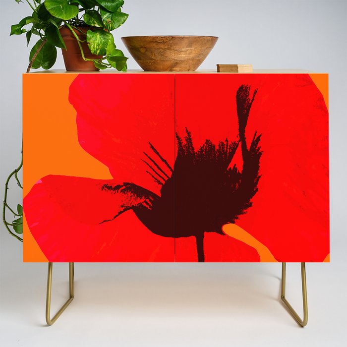 Large Red Poppy Orange Background #decor #society6 #buyart Credenza Gallery Image 1