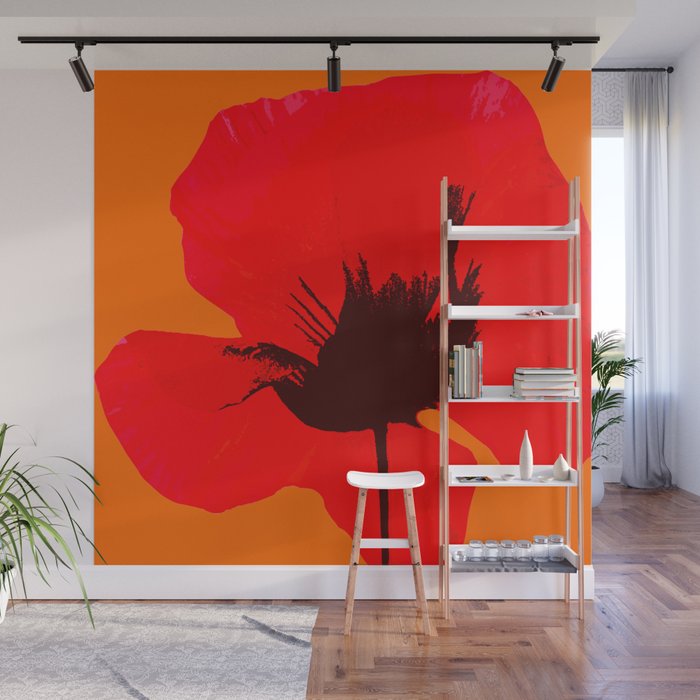 Large Red Poppy Orange Background #decor #society6 #buyart Wall Mural Gallery Image 1
