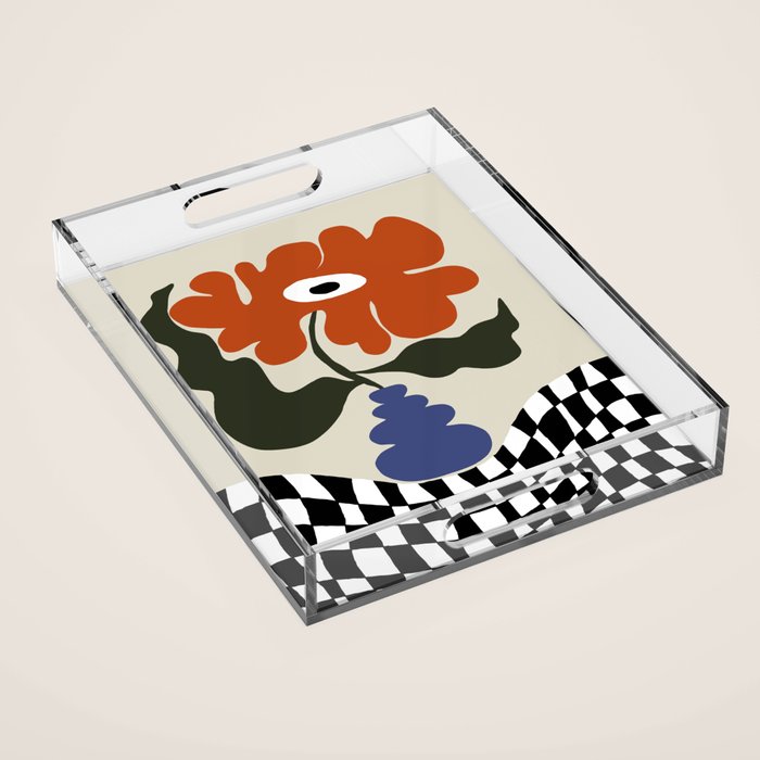 Bold retro flower with check  Acrylic Tray Gallery Image 1
