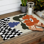 Bold retro flower with check  Outdoor Rug Gallery Image 2