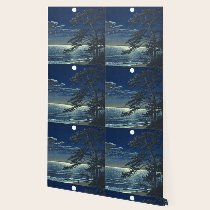 Kawase Hasui, Moonlight Over Ninomiya Beach - Vintage Japanese Woodblock Print Art Wallpaper Gallery Image 2