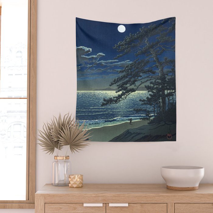 Kawase Hasui, Moonlight Over Ninomiya Beach - Vintage Japanese Woodblock Print Art Wall Tapestry Gallery Image 2