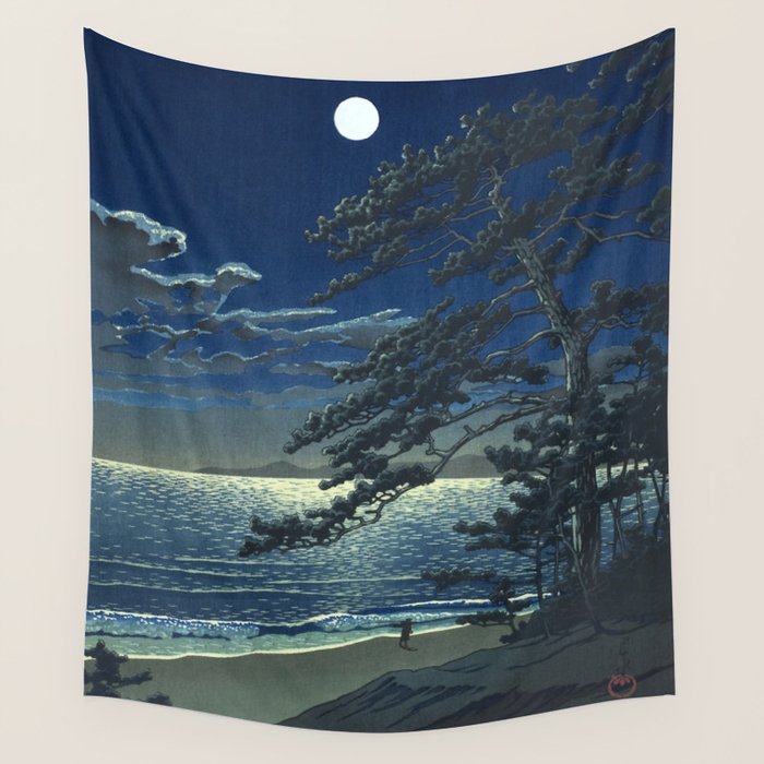 Kawase Hasui, Moonlight Over Ninomiya Beach - Vintage Japanese Woodblock Print Art Wall Tapestry Gallery Image 4