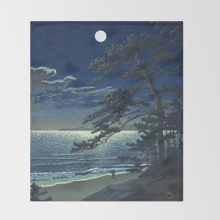 Kawase Hasui, Moonlight Over Ninomiya Beach - Vintage Japanese Woodblock Print Art Throw Blanket Gallery Image 2