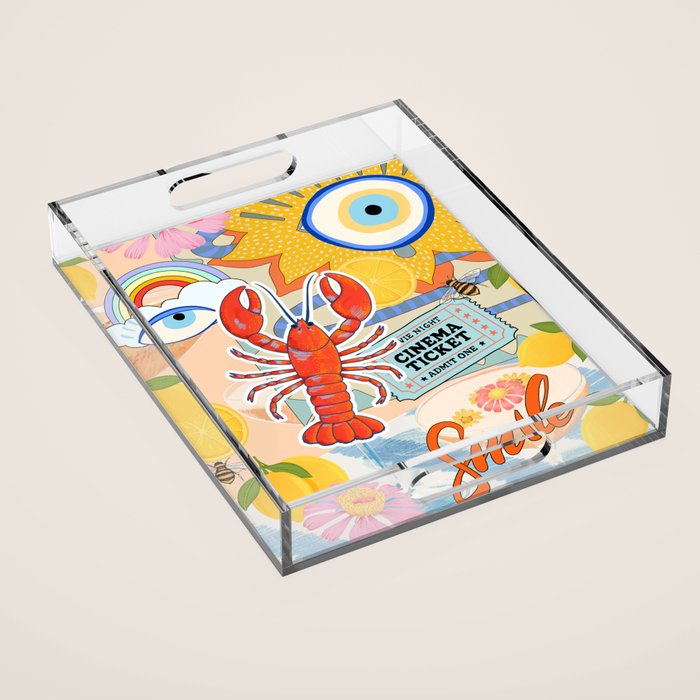 Eclectic Boho Summer Poster ,Good Vibes, Citrus, Sea Life Acrylic Tray Gallery Image 1