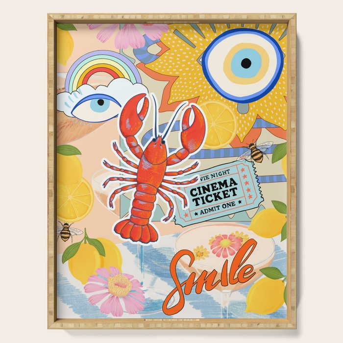 Eclectic Boho Summer Poster ,Good Vibes, Citrus, Sea Life Serving Tray Gallery Image 1