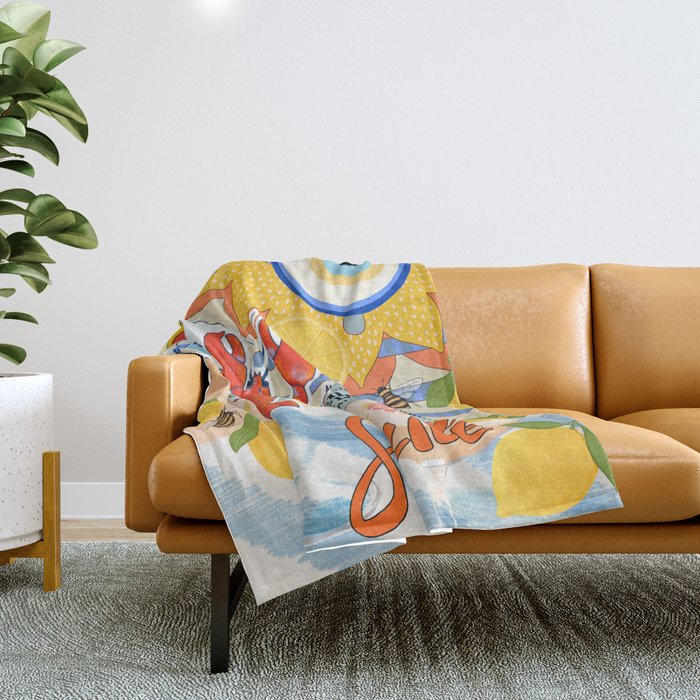 Eclectic Boho Summer Poster ,Good Vibes, Citrus, Sea Life Throw Blanket Gallery Image 1