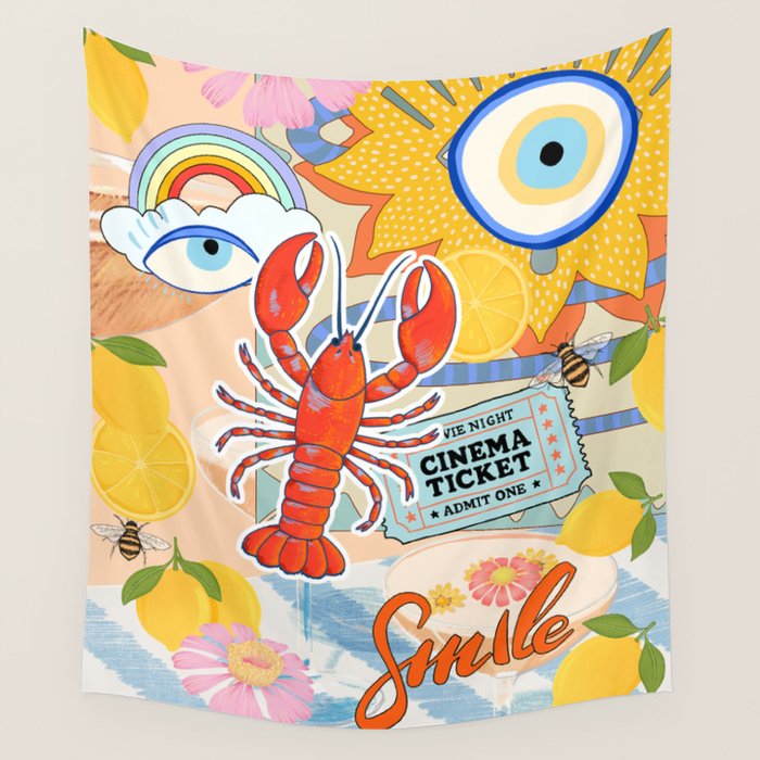 Eclectic Boho Summer Poster ,Good Vibes, Citrus, Sea Life Wall Tapestry Gallery Image 1