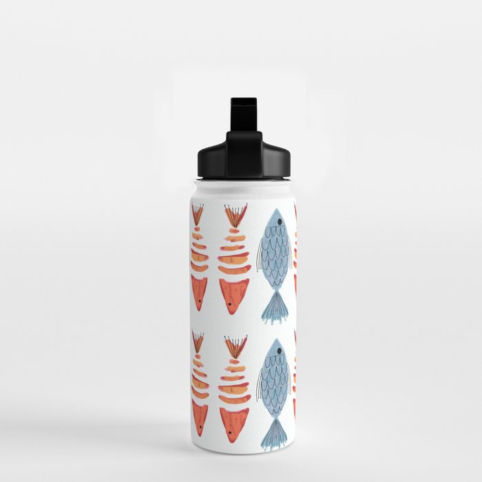 Silver Blue Orange Red Nautical Watercolor Fish Coastal Mediterranean Beach House Water Bottle Gallery Image 2