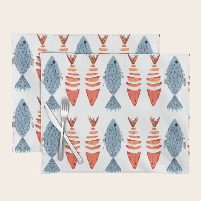 Silver Blue Orange Red Nautical Watercolor Fish Coastal Mediterranean Beach House Placemat Gallery Image 1