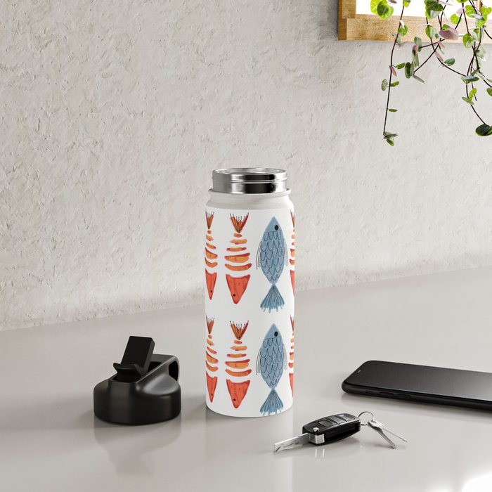 Silver Blue Orange Red Nautical Watercolor Fish Coastal Mediterranean Beach House Water Bottle Gallery Image 4