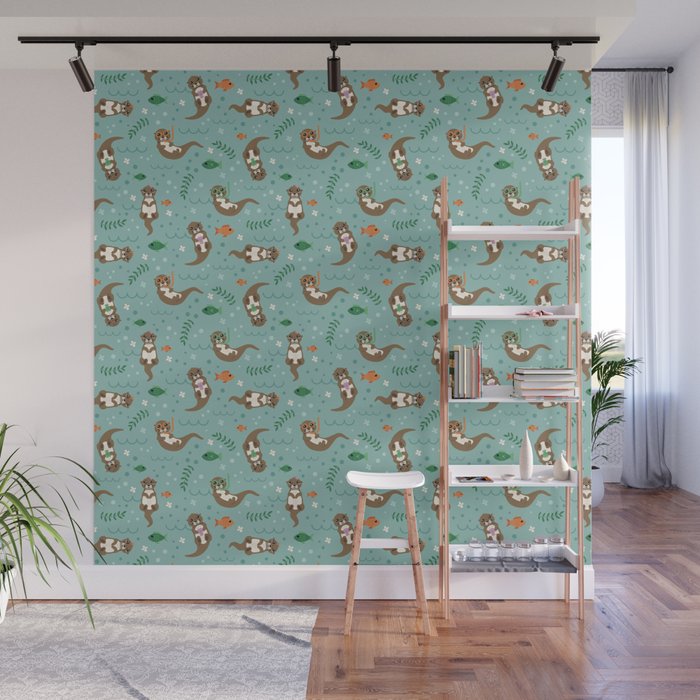 Kawaii Otters Playing Underwater Wall Mural Gallery Image 1