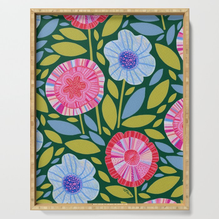 Folk Floral Blossoms in Forest Green Serving Tray Gallery Image 1