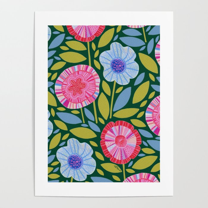 Folk Floral Blossoms in Forest Green Poster Gallery Image 4
