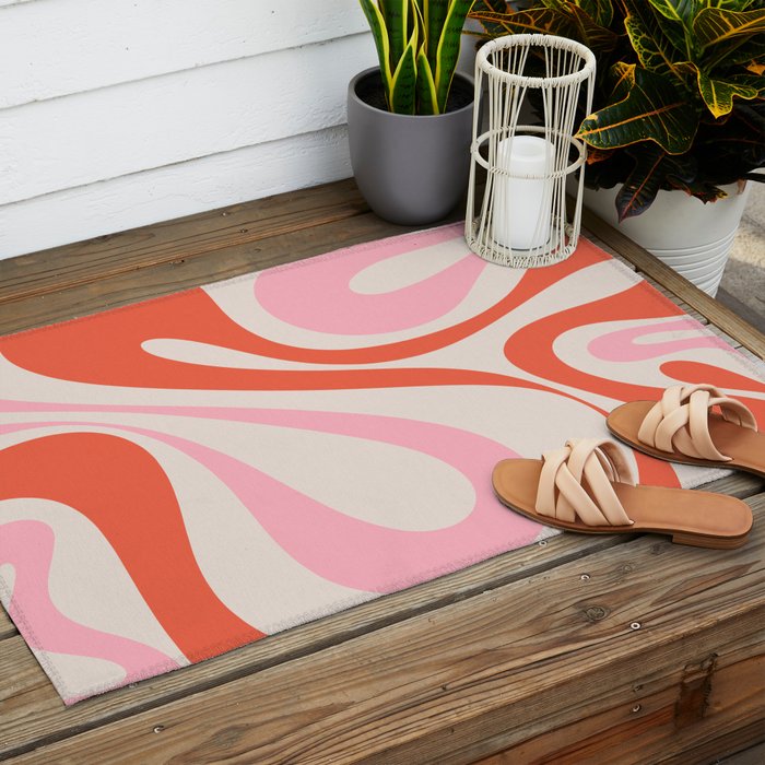 Mod Swirl Retro Abstract Pattern Pink and Orange Outdoor Rug Gallery Image 2
