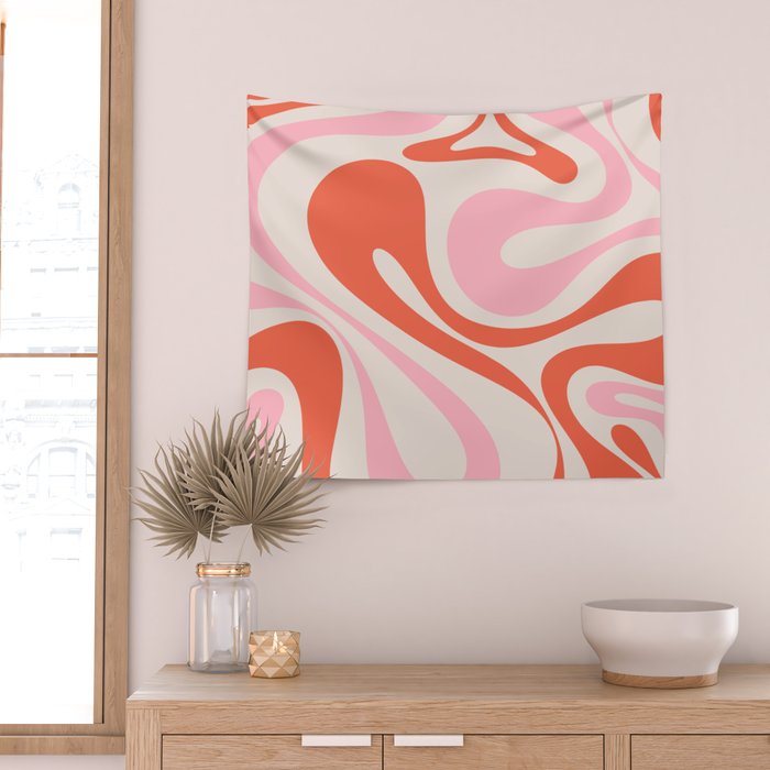 Mod Swirl Retro Abstract Pattern Pink and Orange Wall Tapestry Gallery Image 2