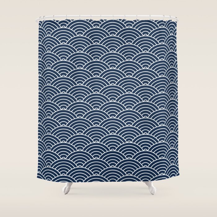 Japanese Waves Pattern Dark Blue Shower Curtain Gallery Image 1