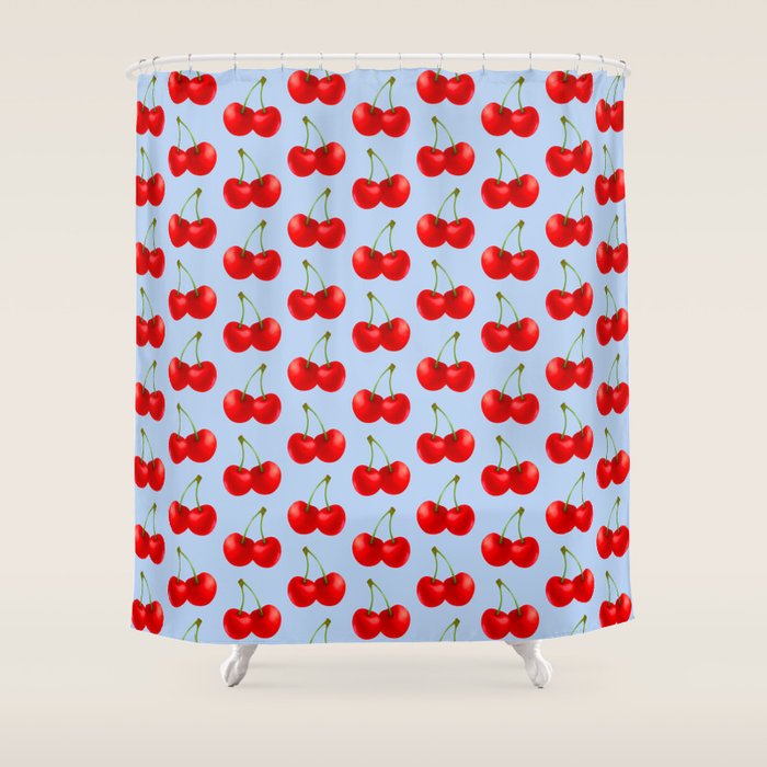 Y2K Cherries - Blue Pattern Large Shower Curtain Gallery Image 1