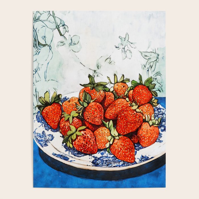 Strawberries Still Life Watercolor Fruit Illustration Poster Gallery Image 1