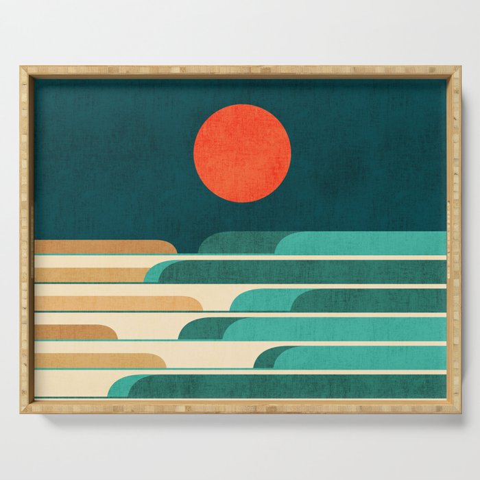 Chasing wave under the red moon Serving Tray Gallery Image 1