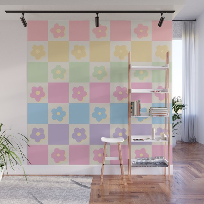 Checkered Flower Power Danish Pastel Rainbow Tones Wall Mural Gallery Image 1